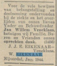 Krant: overlijden Jan Willem Veneklaas