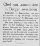 Krantenartikel: Chef van tramstation in Bergen overleden (Albert Eikenaar)