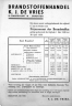 Prijslijst Brandstofhandel Kornelis de Vries 1938 - 1939