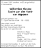 Overlijdensadvertentie: Willemien Klasine van Asperen